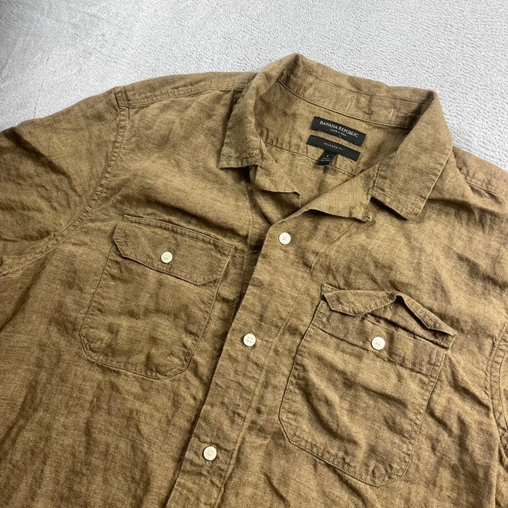 Banana Republic Mens Brown 100% Linen Short Sleeve Relaxed Fit Shirt Large